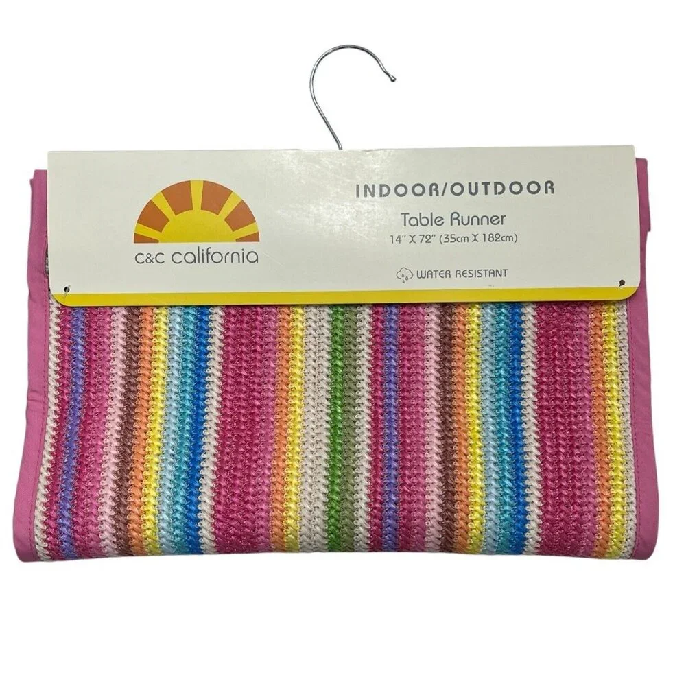 C&C California Table Runner Rainbow Woven Braided Pink Trim Indoor Outdoor 14x72